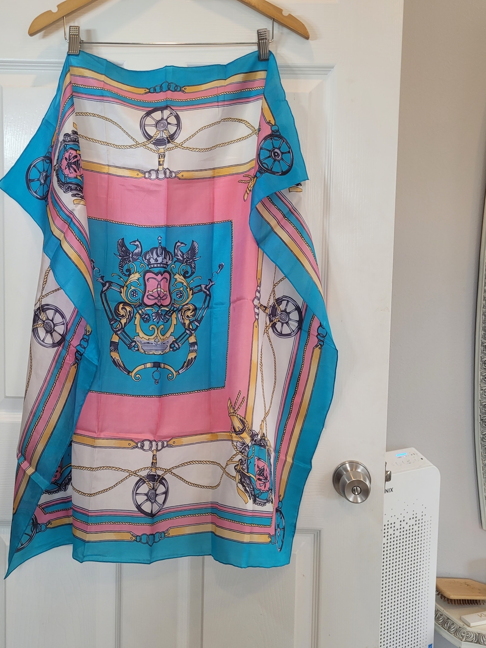 ALSA Spanish Silk Teal & Pink Nautical Rope & Wheel Old-world Print Scarf